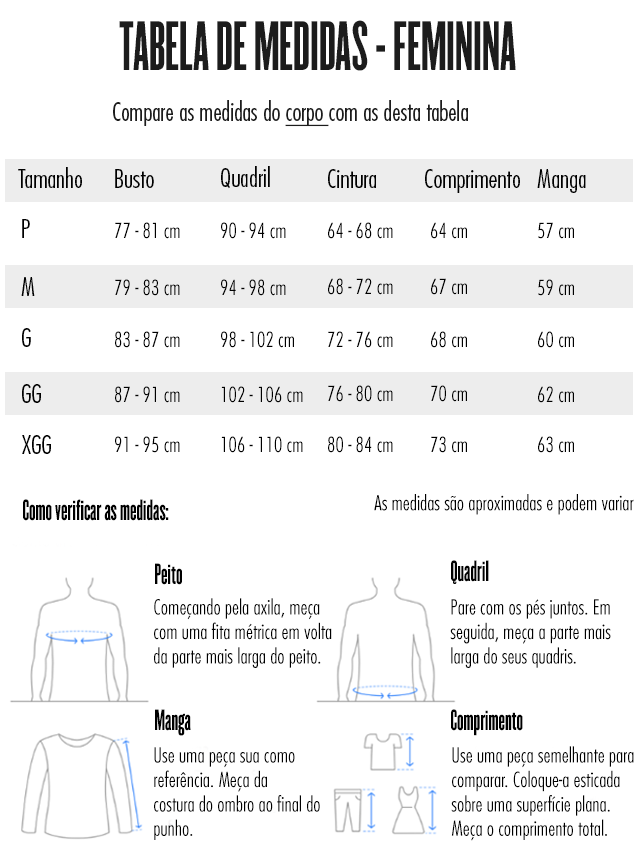 tabela medidas camisas femininas